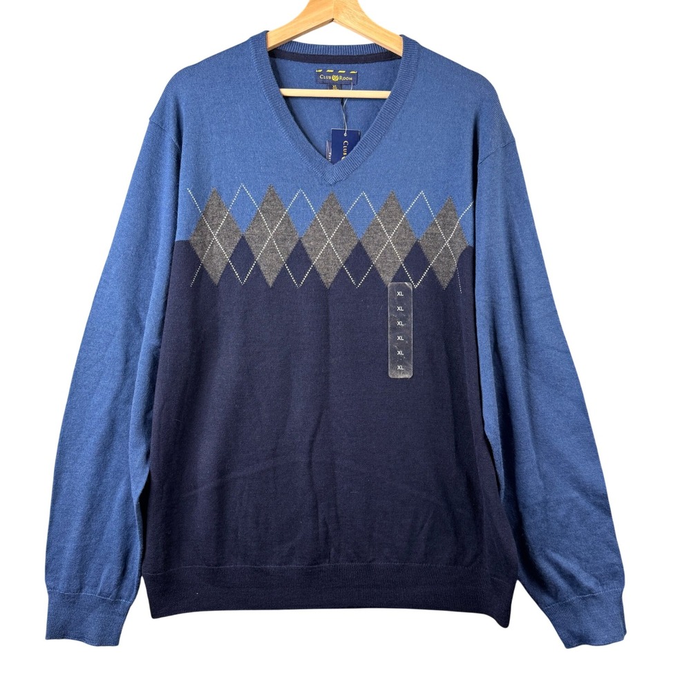 Club‎ Room Mens XL Blue Argyle Merino Wool Blend V-Neck Sweater 26306SH445 NWT